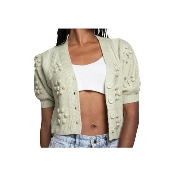 Bohme Light Green Pale Green Pom Pom Crop Cardigan Sweater Size Small - Picture 1 of 8